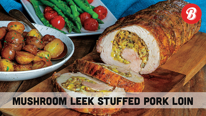 Mushroom Leek Stuffed Pork Loin