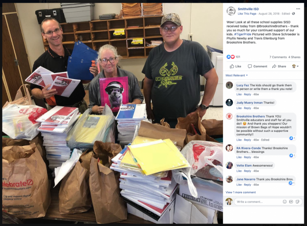 A screenshot of a Facebook post from Smithville ISD thanking Brookshire Brothers for their Brown Bags of Hope donation. A Smithville ISD employee is pictured with two Brookshire Brothers employees and a table full of donated school supplies.